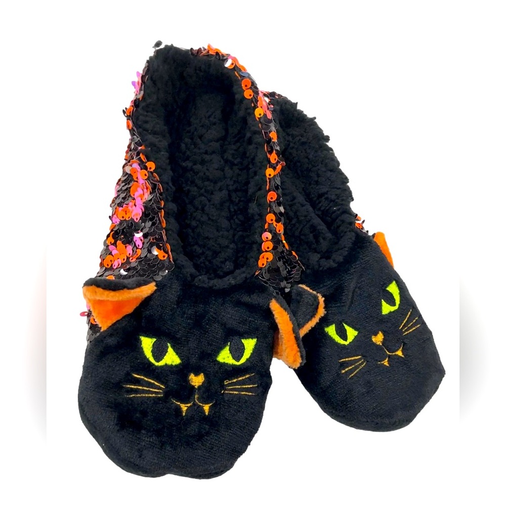 NWT HYDE and EEK Boutique Grippers Black Flip Sequin Slipper Socks Sz: S/M (5-7)